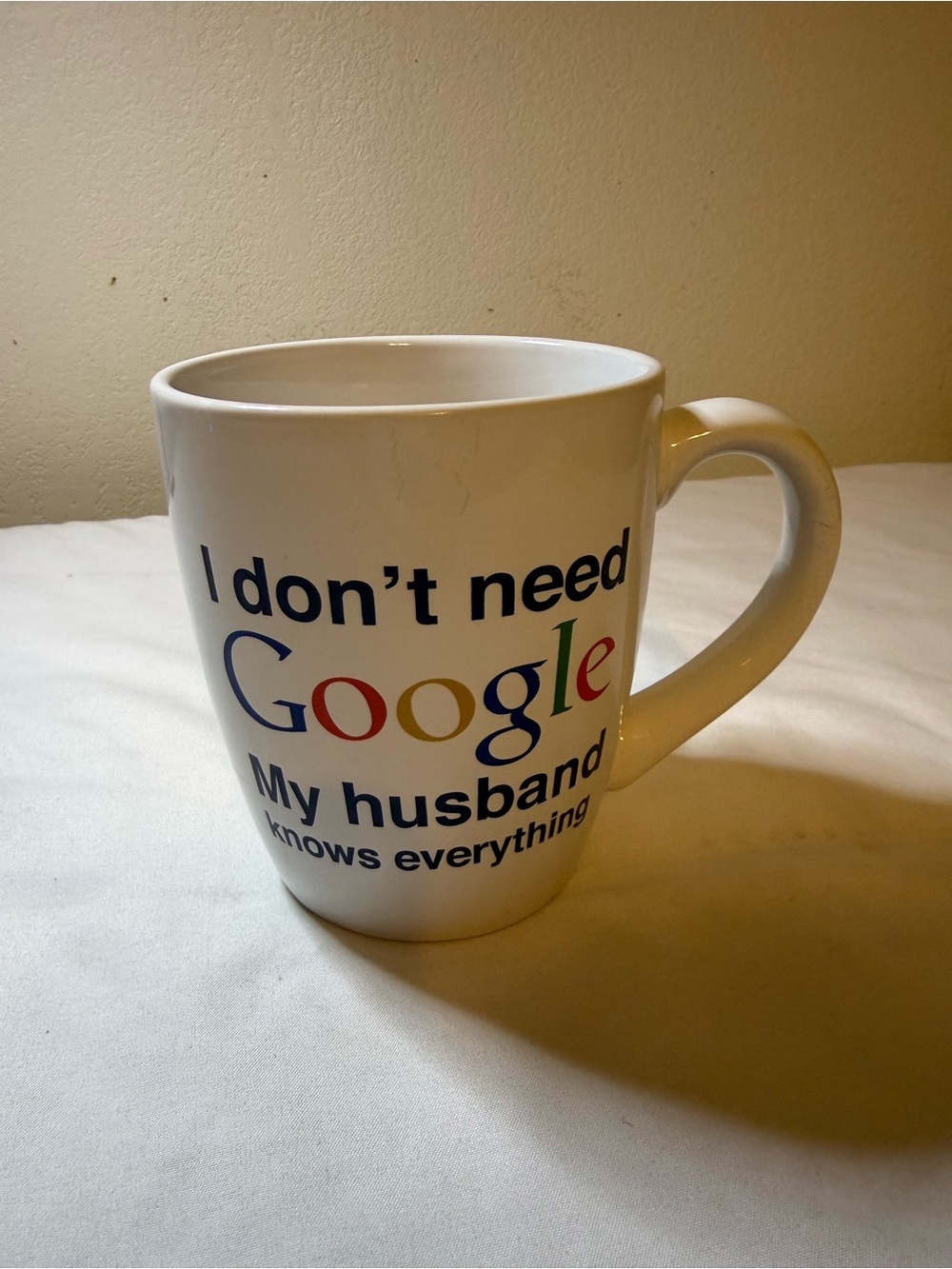 Home Essentials White Mug with Multicolor Google-style Lettering